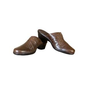 Clarks Brown Leather Slip-On Mules SZ 8.5 Item 64947 Low Stacked Block Heel